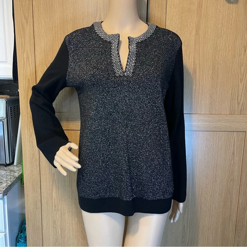 TORY BURCH M black metallic studded sweater merino wool blend